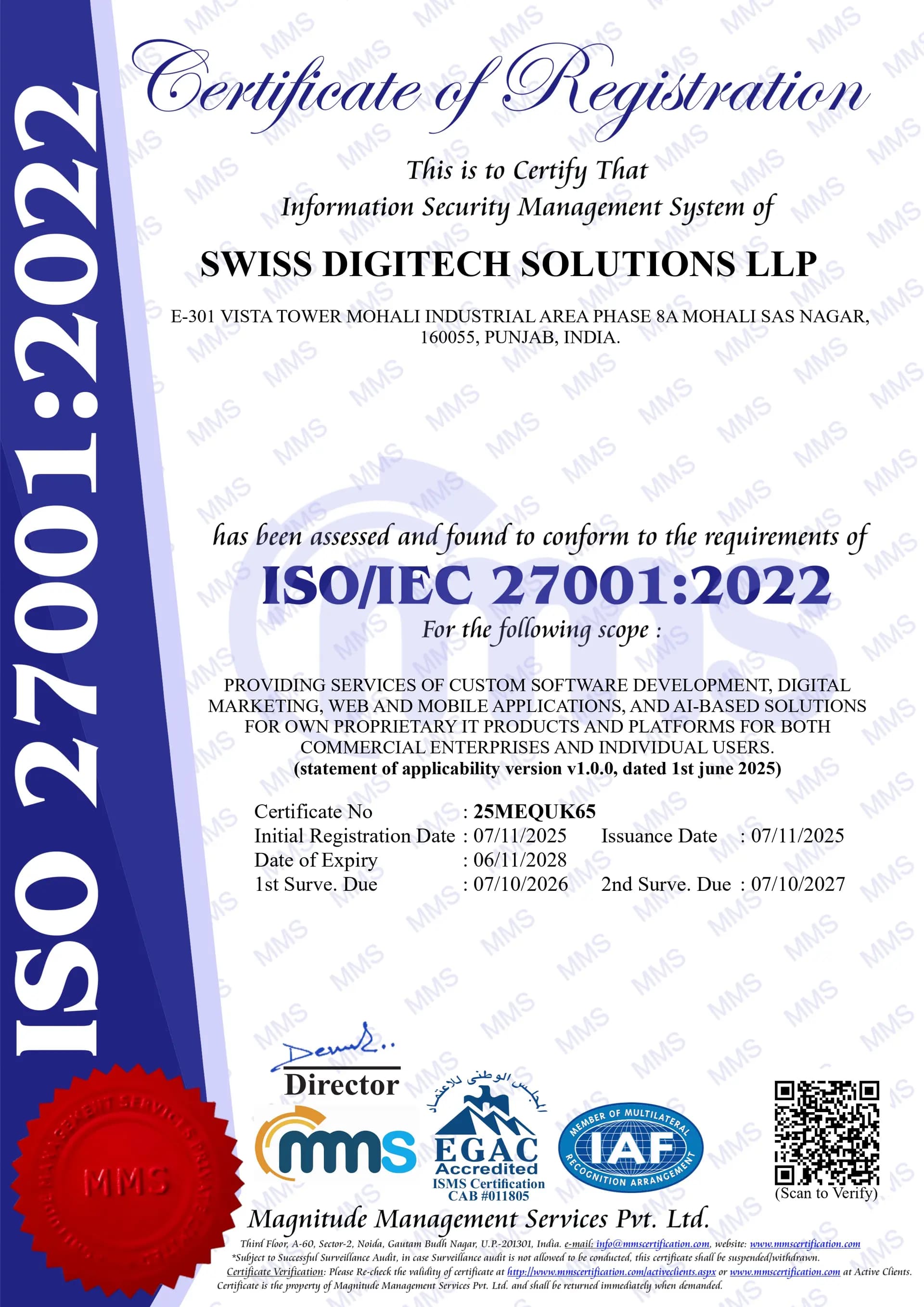 ISO 27001 Certificate - Swiss DigiTech Solutions LLP