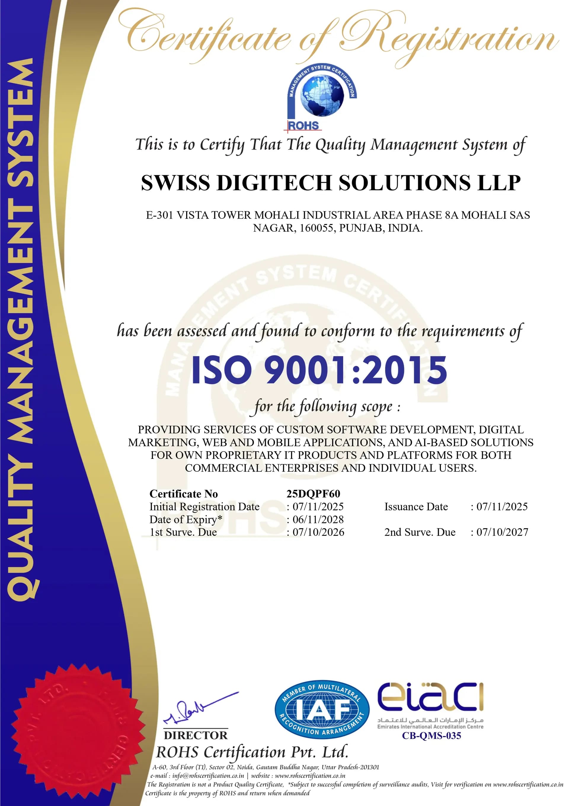 ISO 9001:2015 Certificate - Swiss DigiTech Solutions LLP